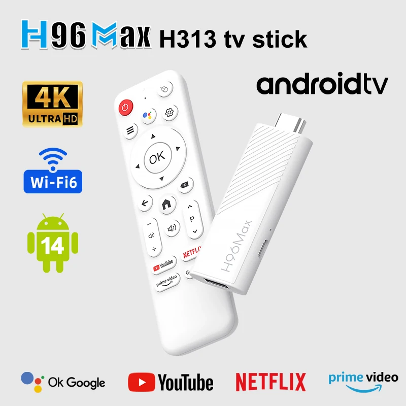 H96 MAX H313 Smart Mini TV Stick Allwinner H313 Quad Core 4K UHD Output Wifi6 BT5.0 100M/LAN Google voice assistant Set Top Box