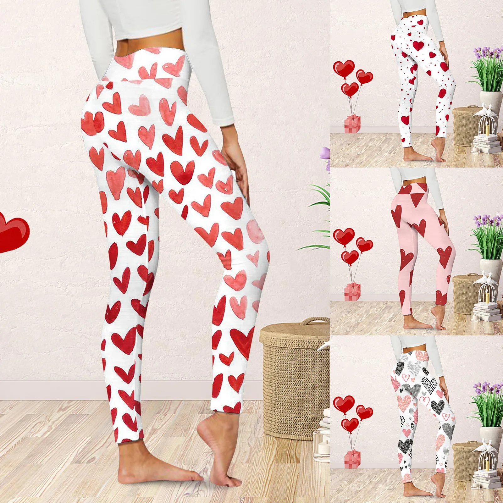 Perneiras femininas estampadas em coração de cintura alta, calça elástica, calças fitness finas, calças esportivas elásticas, calças justas elásticas, dia dos namorados