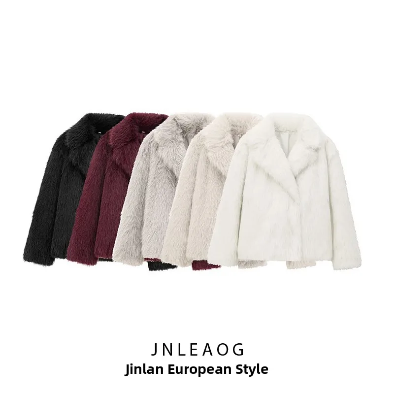 سترة أنيقة بتأثير فرو المنك الصناعي للنساء، موديل ربيعي جديد JNLEAOG 43602، بأكمام طويلة وتصميم فضفاض على الطراز الفرنسي