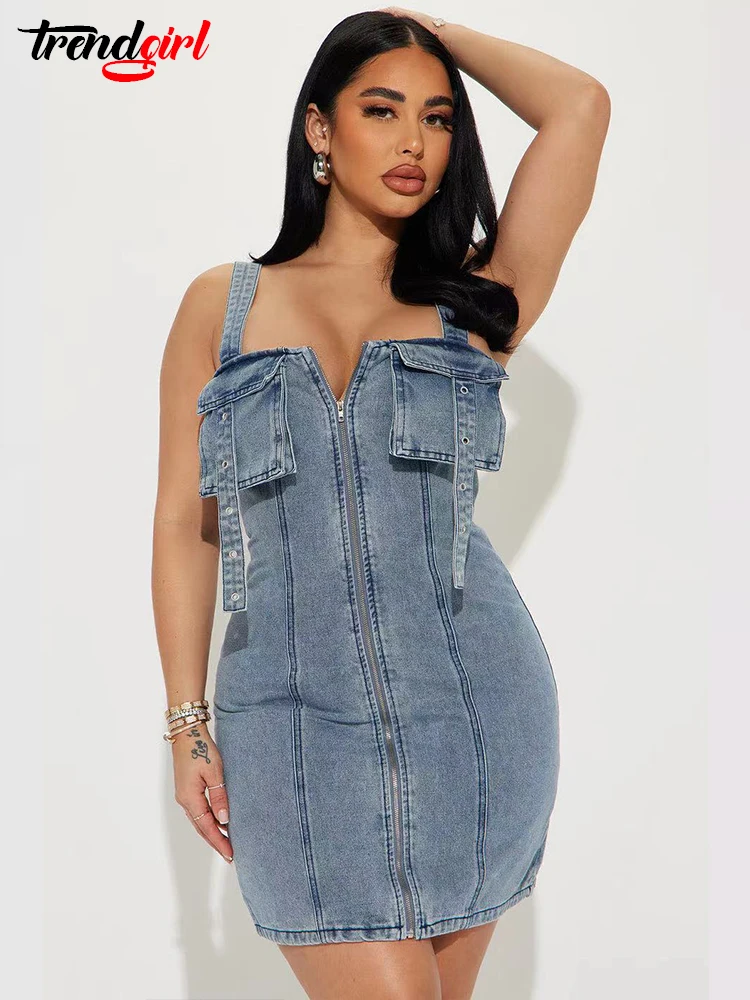 Mlaiscsr Strap Stretch Denim Short Dresses Women Sexy Sleeveless Backless Slim Cargo Dress Streetwear Summer Female Vestidos