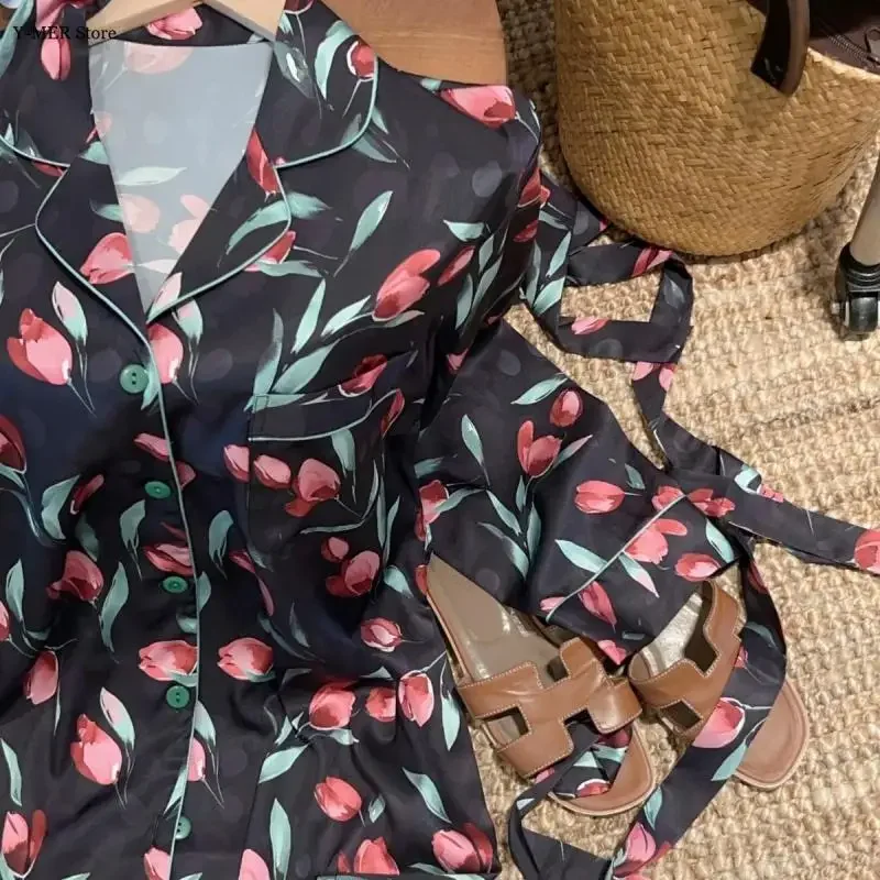 

Женский атласный брючный костюм с эластичной резинкой на талии, кимоно, топ, брюки, одежда для дома, осенне-весенняя домашняя одежда, роскошный черный пижамный комплект-тюльпан