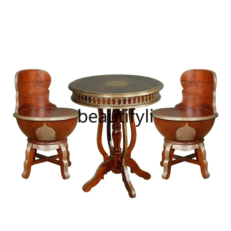 FG10Balcony Table and Chair Three-Piece Set Solid Wood Round Coffee Table Leisure Tea Table and Chair Combination