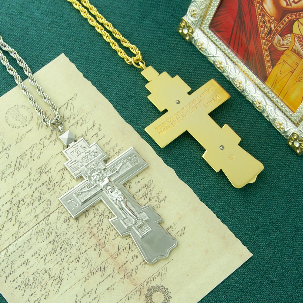 HT Orthodox Jesus Cross Gold Silver Plated Crucifix Cross Necklace Pendant Priest Pectoral Cross Pastor Religion Gift