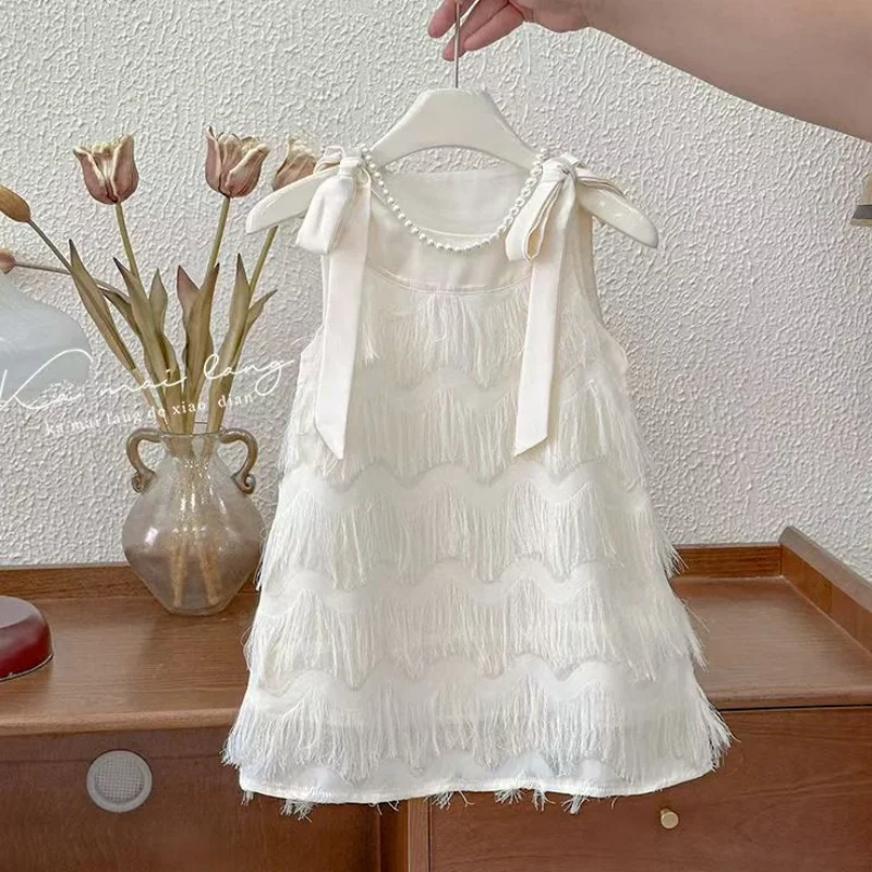 

Girls Casual Dresses Fringe Bow Princess Dress Sleeveless Halter Dress for Kids White Princess Dress for Girls 2 - 7 Years