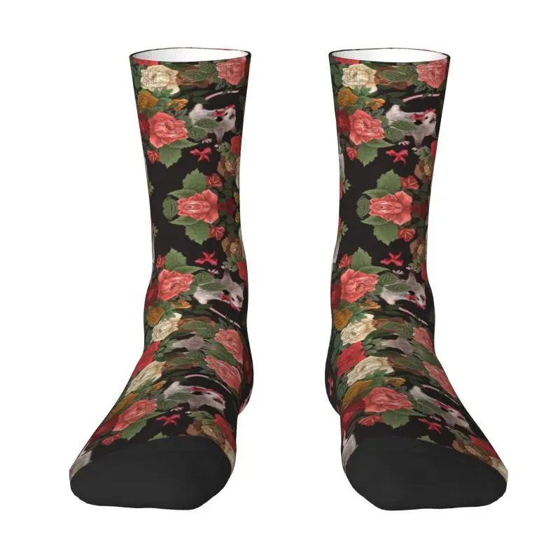 Opossum Floral Pattern Mens Crew Socks Unisex Cool 3D Printing Animal Possum Dress Socks