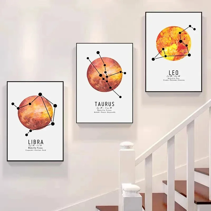 Canvas Painting Poster and Prints 12 Zodiac Signs Constellation and Planet Modern Wall Art Picture for Home Decoration