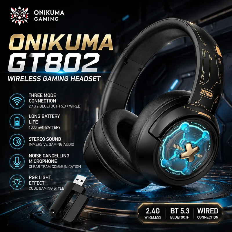 ONIKUMA GT802 Wireless Gaming Headphones Three Mode 2.4GHz Headset Low Latency Stereo Audio Comfortable Earphone With Microphone