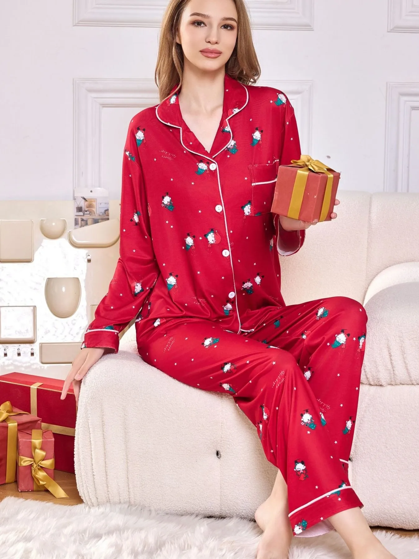 Autumn Winter Christmas Red Pajamas for Women Sleepwear Long Sleeve Cardigan Shirt with Long Pants Two Piece Pijamas Set