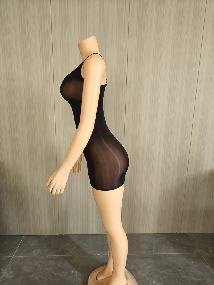 2026 Sommer Damen Sexy Transparentes Mesh-Minikleid mit Spaghettiträgern, V-Ausschnitt, Durchsichtig, Figurbetont, Hochelastisch, für Mitternachtspartys und Clubwear – Detail 5