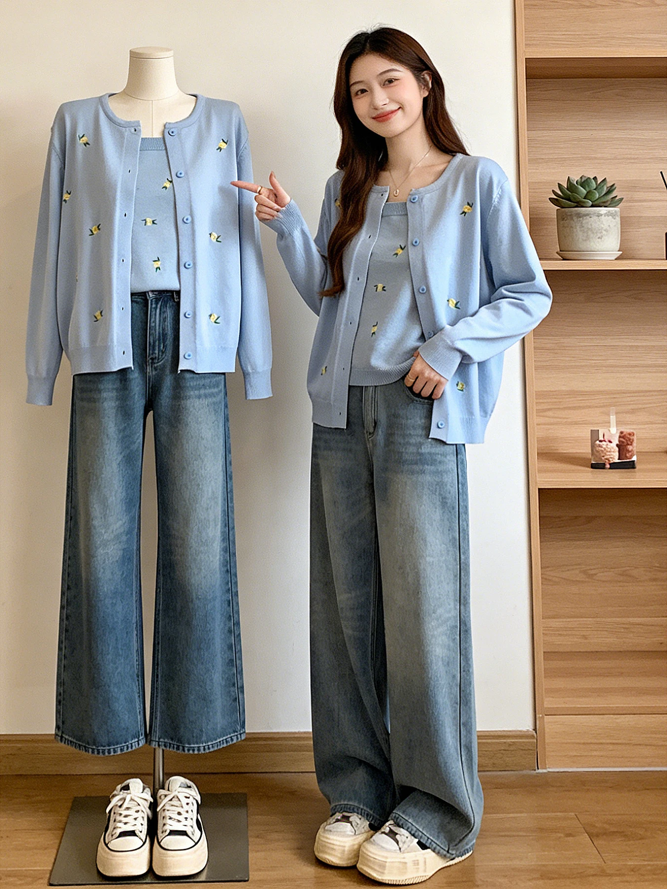 

Spring Summer 2026 plus Size Women's Light Blue Floral Embroidery Knitted Tank Top And Cardigan Two Piece Set Casual Commute ...