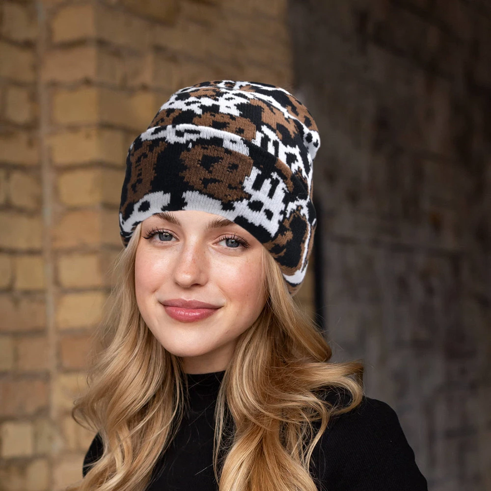 

Korean Black and White Vintage Fashion Cow Pattern Knitted Woolen Hat, Autumn and Winter Couple Versatile Leopard Pattern Beanie