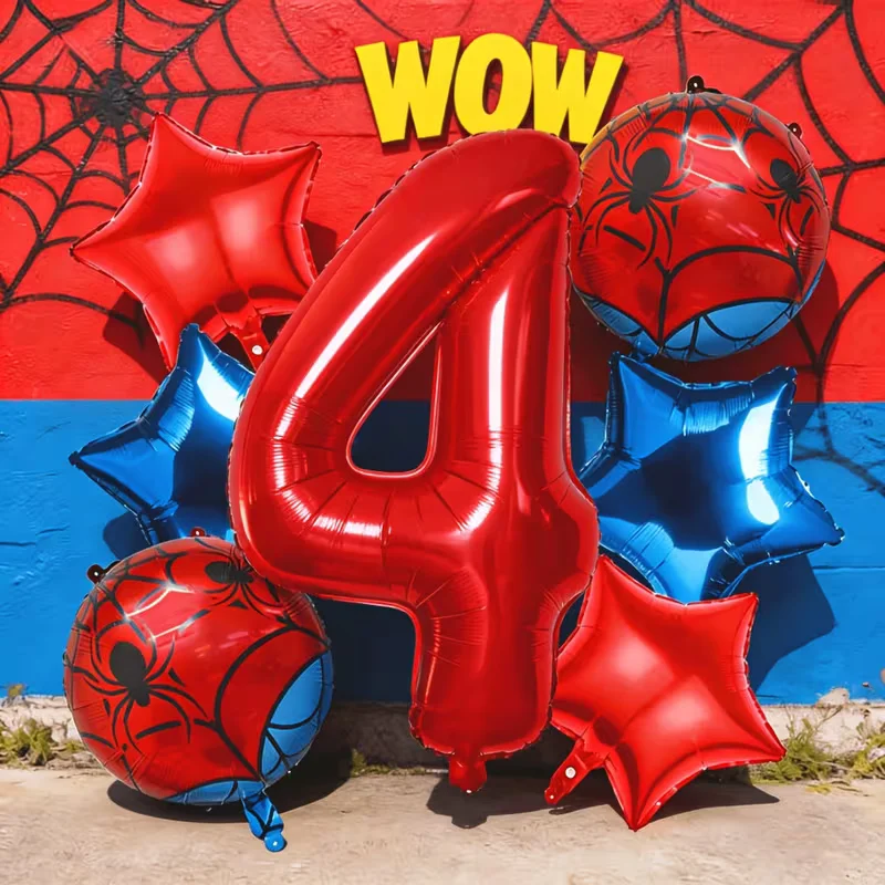 7-teiliges Rot-Blaues Spinnen-Folienballon-Set 40 Zoll Rote Zahlen Stern Spinnenballon Jungen Geburtstagsparty Valentinstag Dekorationen