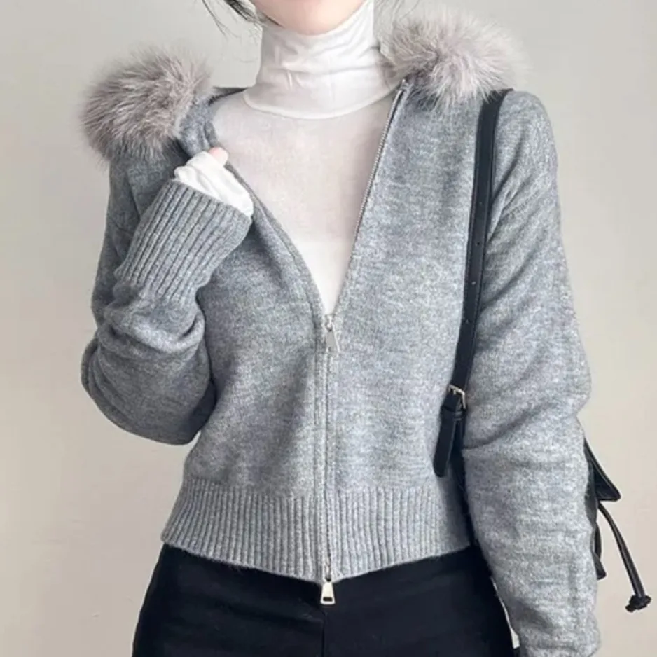 Chic autunno inverno lavorato a maglia lungo Sve cappotto con cerniera con cappuccio da donna Faion coreano Sle taglio dritto top di piccole dimensioni