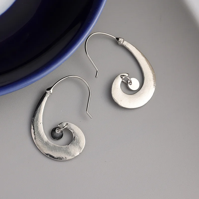 Retro Geometric Spiral Circle Handmade Hoop Dangle Earrings Zinc Alloy Silver Plated Jewelry Daily Wear Accessories Female Gift