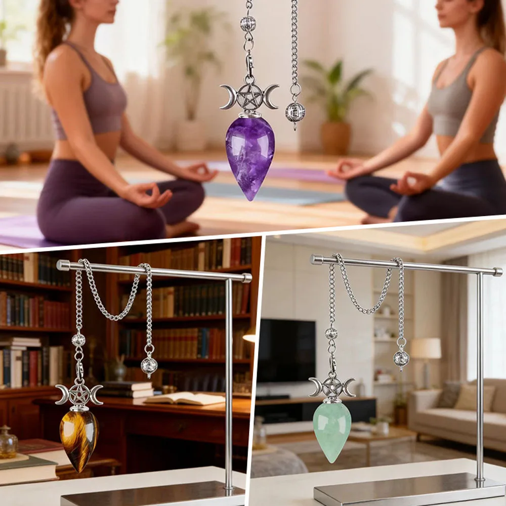 Natural Crystal Pendulum Pendant Triple-Phase Moon Waterdrop Yoga Meditation Adjustable Frequency Natural Stone Pendulum Gift