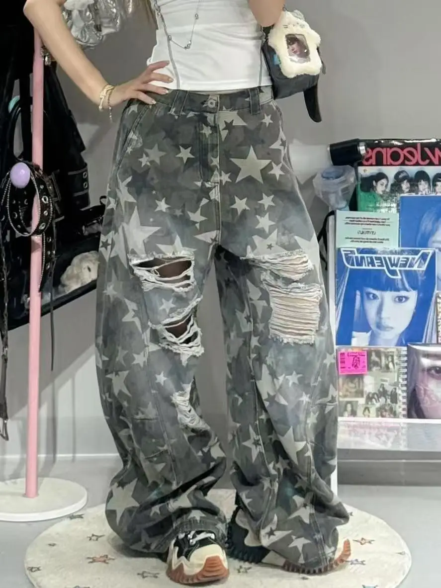 여성용 카모플라주 그레이 스타 찢어진 청바지 워싱 올드 스트리트 아메리칸 빈티지 루즈 와이드 레그 여름 신작 2025 캐주얼 바지