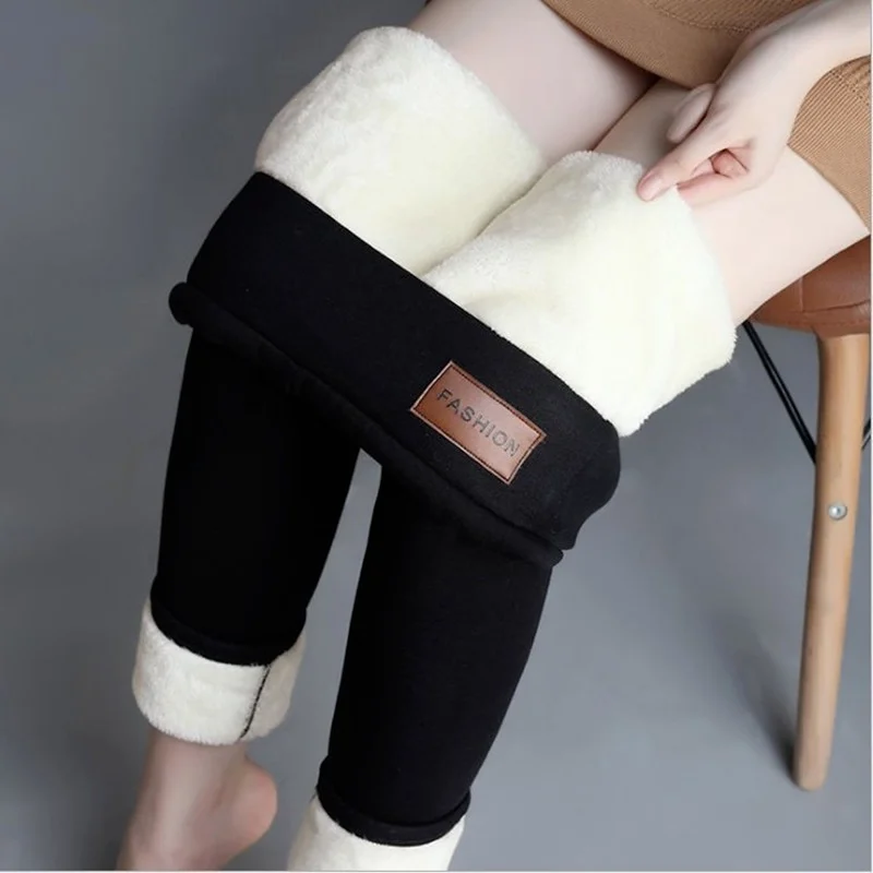 Women's Leggings Fleece-Lined Thick Lambskin Pencil Pants Black Gray Leggings Autumn Winter High Waist Tights Warm-Keeping Pants