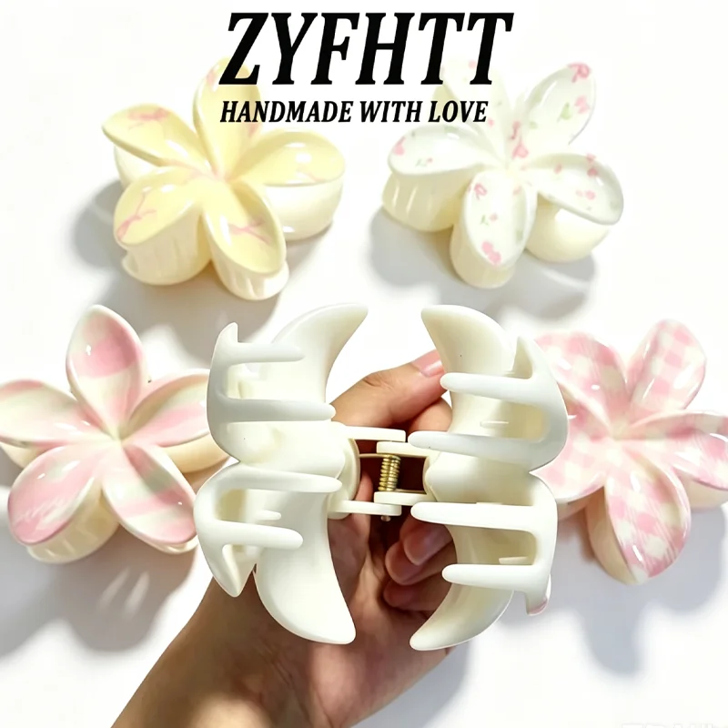 1/6 Stück ZYFHTT Kirschblüten-Karo-Druck Frangipani Haarklammern für Frauen Süße Niedliche Haifischklammer Modische Haarspange Haaraccessoire – Detail 4