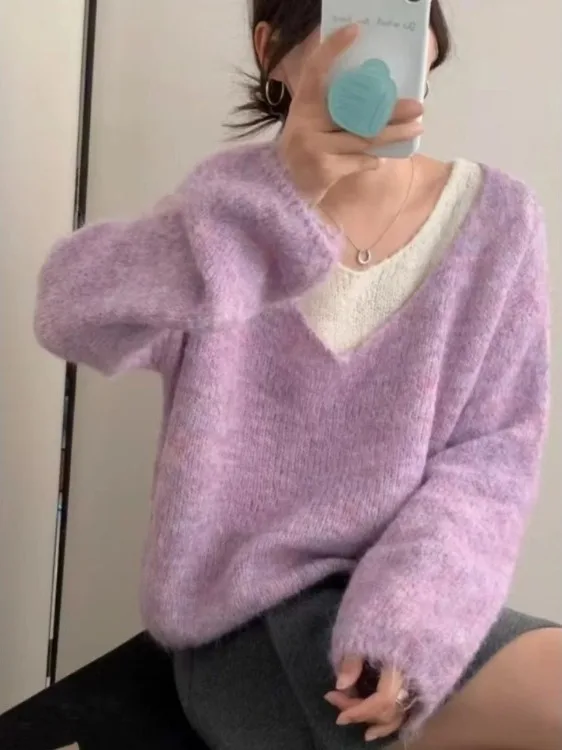 Koreanische Sle V-Ne Gestrickte Pullover frauen Herbst Winter Neue Sanfte Faul Weiche Junge Aussehende Pullover Overhead Top