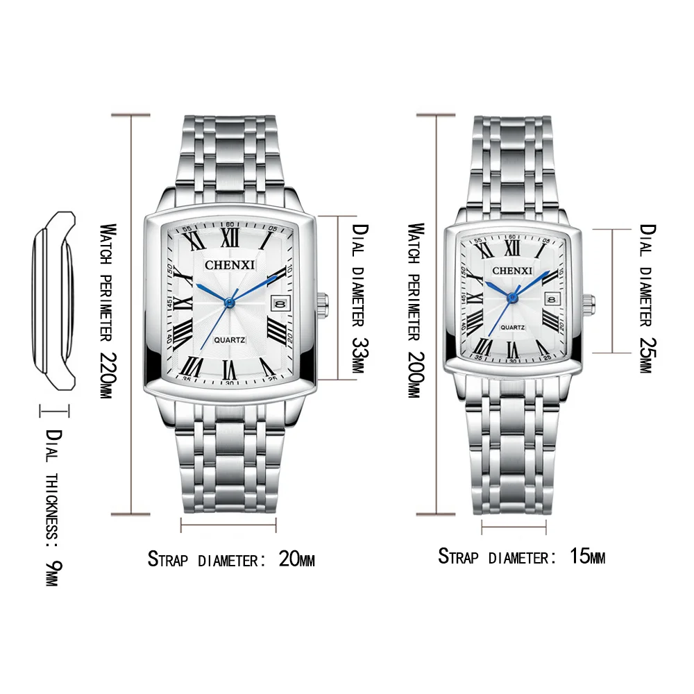 Парные повседневные часы CHENXI 079A, модные кварцевые часы с квадратным циферблатом и календарем, минималистичные водонепроницаемые полностью стальные деловые часы