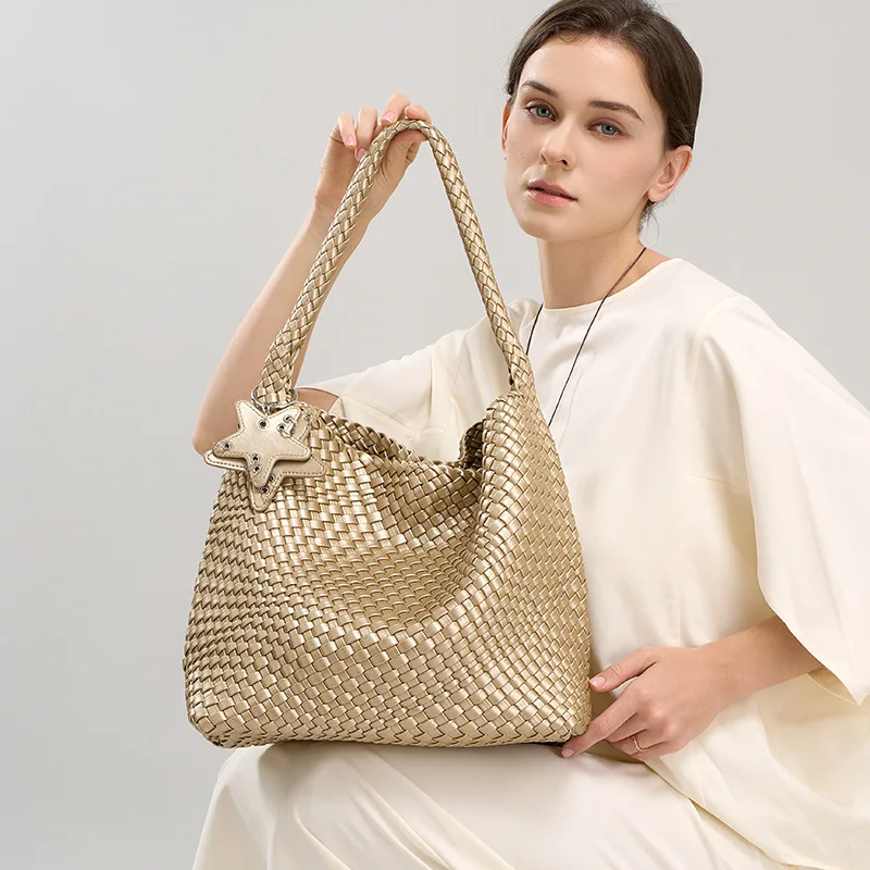 Women's Woven Bucket Tote Bag Large Capacity Handbag Shoulder Purse Casual Beach Vacation Summer Travel Bag