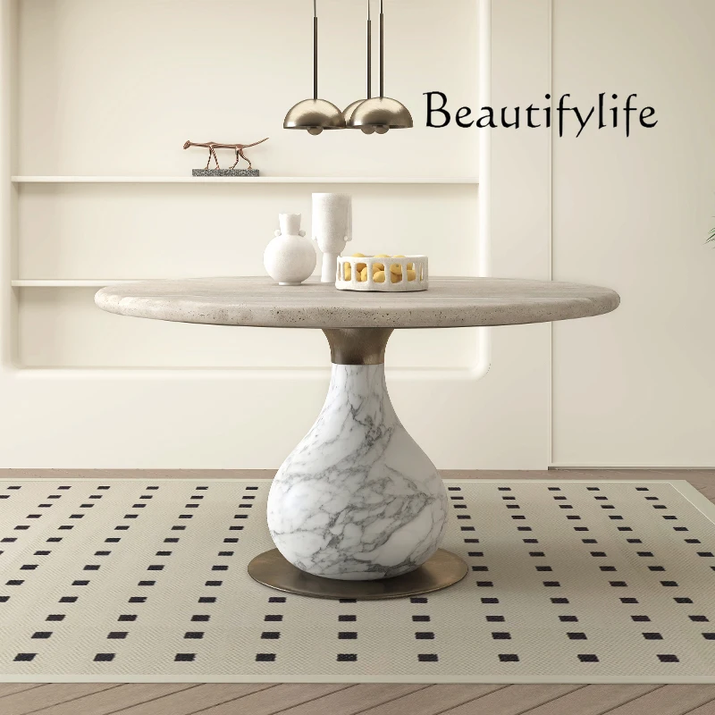 

Medieval natural marble round dining table light luxury high sense household light luxury French travertine table