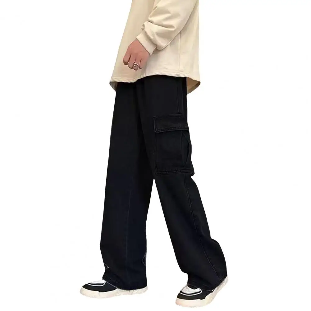 

Wide Leg Men Pants Versatile Men's Wide Leg Cargo Pants Stylish Drawstring Elastic Waist Full Length with Pockets for Casual