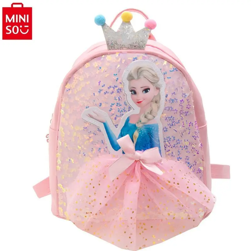 Miniso 2024 neue Cartoon Elsa Prinzessin 3d Pailletten Kleid Bogen Rucksack leichte und süße Kinder rucksack