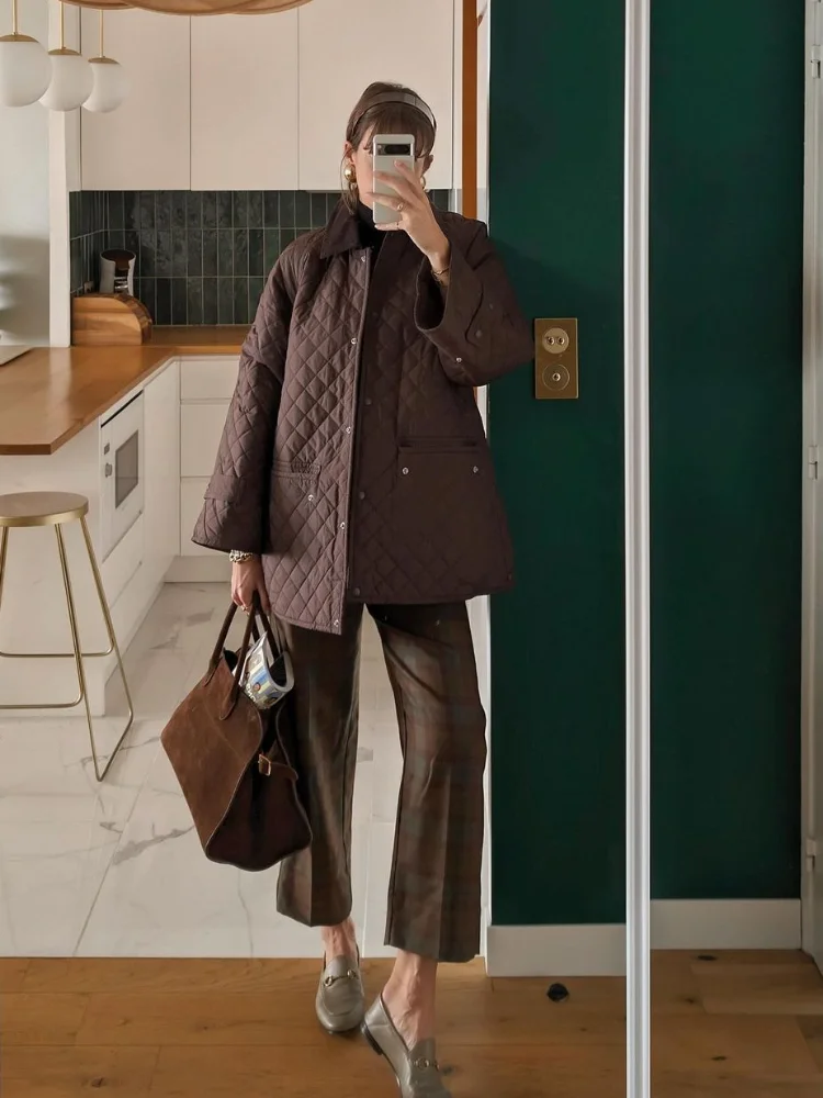 

Повседневное однотонное стеганое хлопковое пальто с лацканами, женское модное однобортное свободное пальто с карманами, женские зимние повседневные уличные пальто