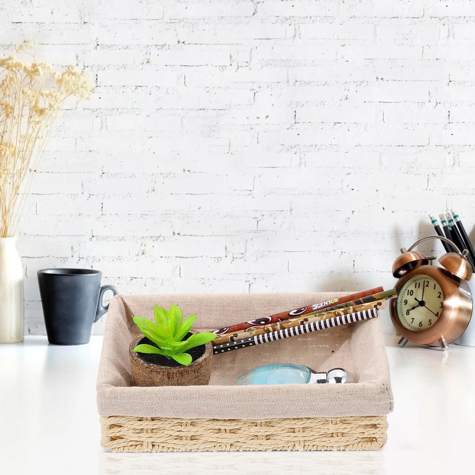 

1pc Desktop Storage Basket Household Organizer Natural Fabric Twine Snacks Container Key Holder Decorative Bins Hanging