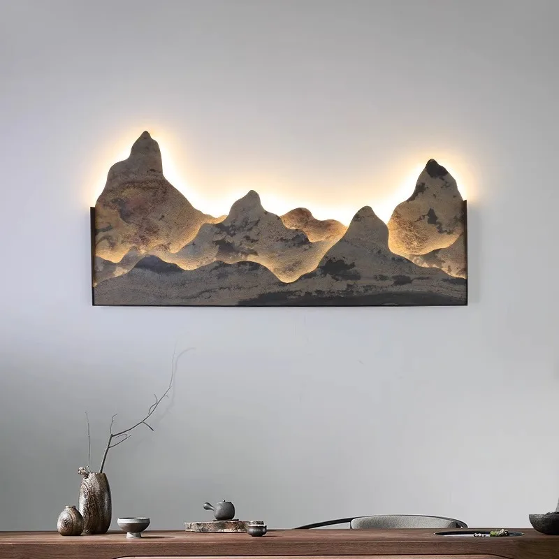 Entry entrance mural lamp rock slab, tea room Zen sofa background wall landscape decorative painting round wall lamp