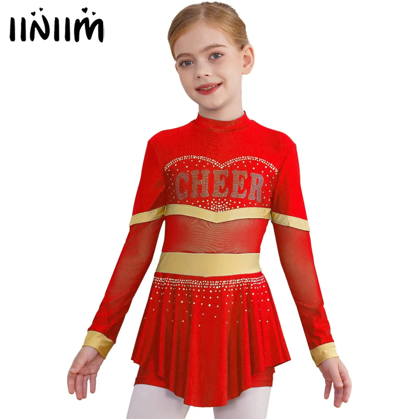 

Girls Cheer Leader Uniform Ballet Dance Costume Long Sleeve Mesh Shiny Diamonds Cheerleading Jumpsuit Dance Gymnastic Bodysuit