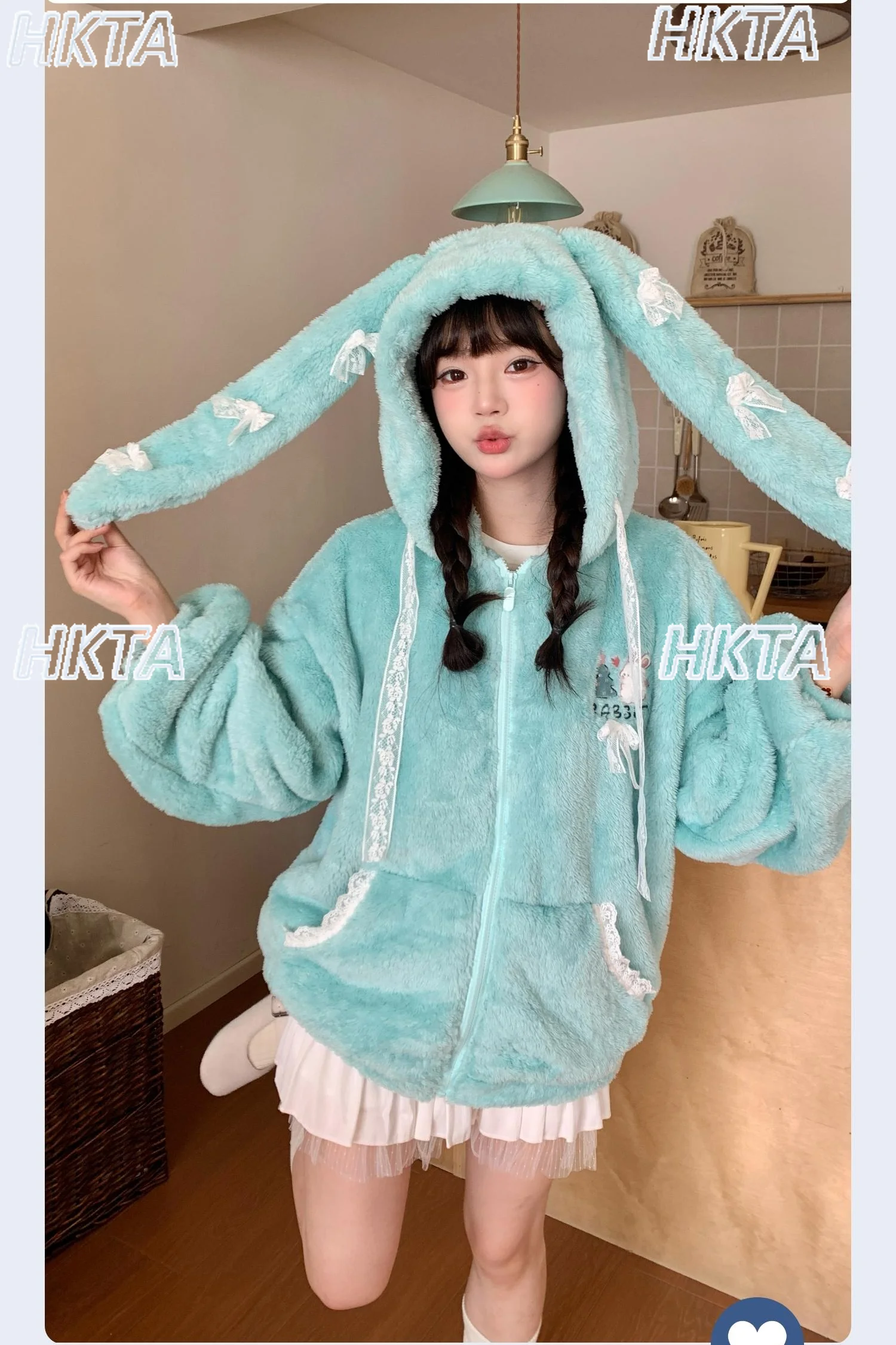 

Cute Cartoon Embroidered Lace Bow Plush Cotton Jacket Autumn Winter Sweet Thickened Hooded Parkas Lolita Fur Coats for Women