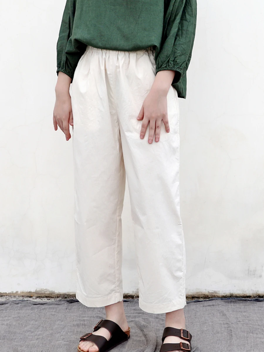 

Comfortable High-densi Cotton Loose Straight Leg Pants Nine-point Pants l Waist Cotton 00% Ladies Faion Summer