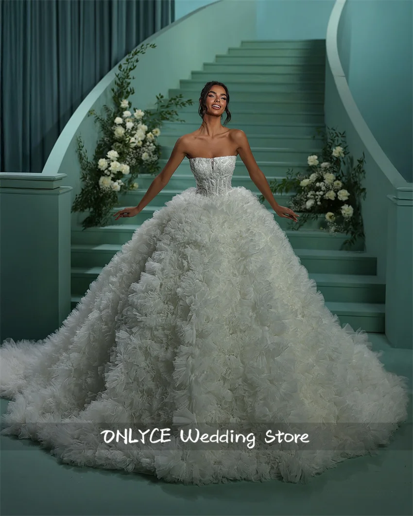 

Роскошное новое изысканное бальное платье Свадебные платья с открытой спиной и без бретелек Многоуровневые оборки из органзы со шлейфом Vestido De Noiva по индивидуальному заказу