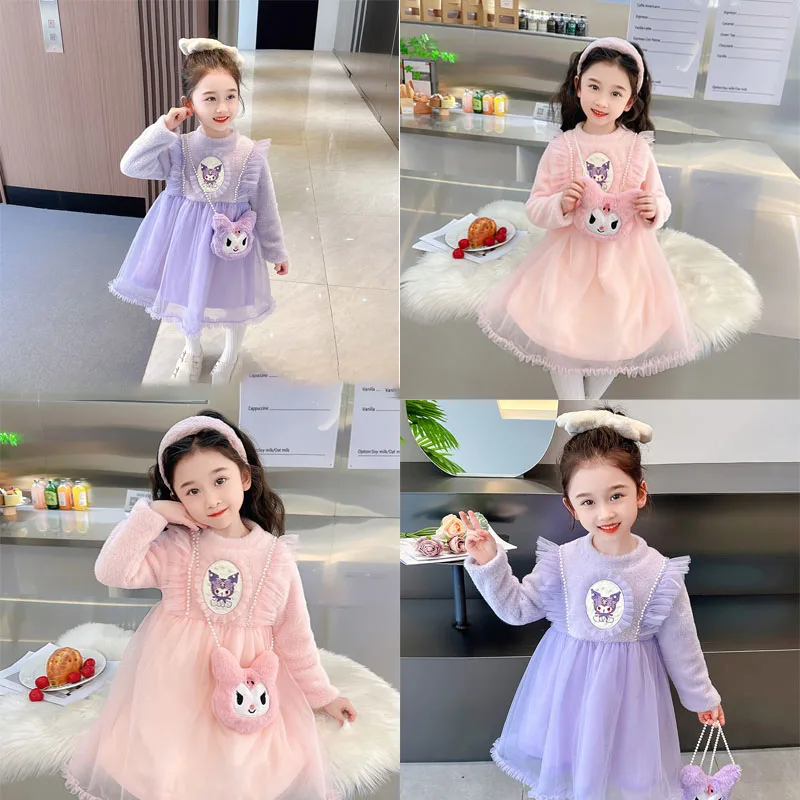 Sanrios Kuromi Autumn Winter New Cartoon Dress Kawaii Cute Leisure Versatile Lolita Western Style Princess Dress Girls Gifts