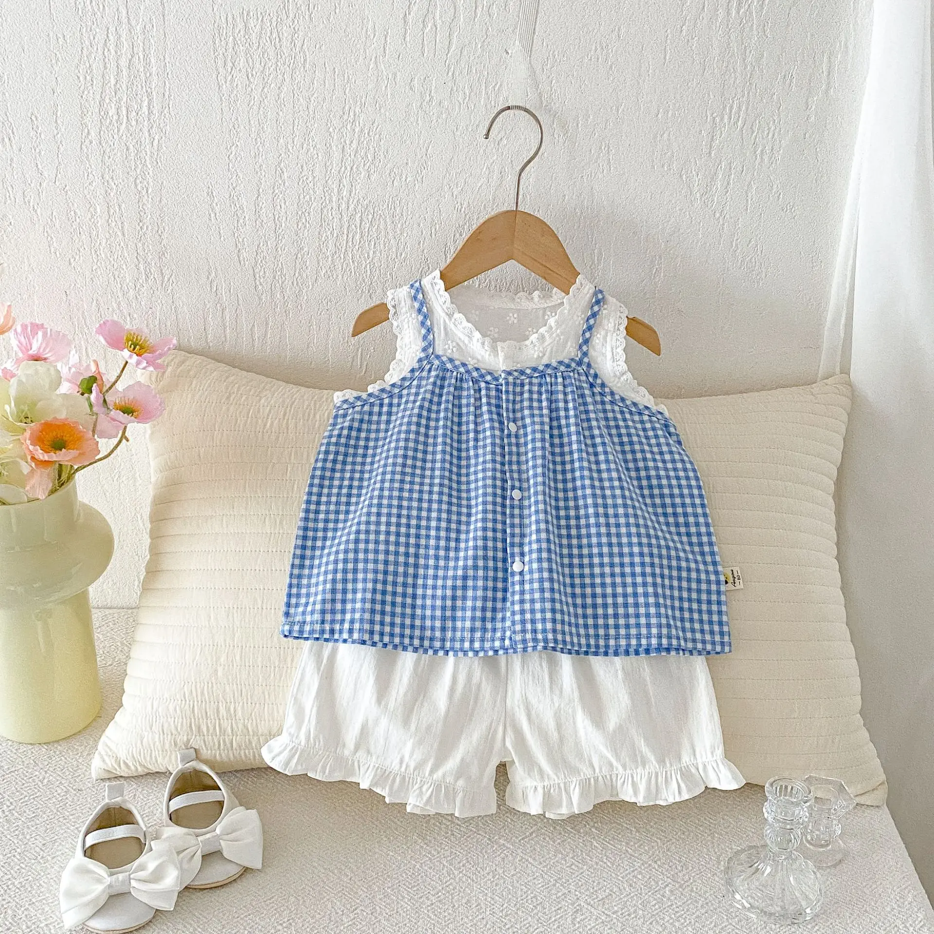 

2026 Summer New Baby Girl Sleeveless Clothes Cute Girls Plaid Sling Vest + Shorts 2pcs Suit Thin Cotton Infant Outfits