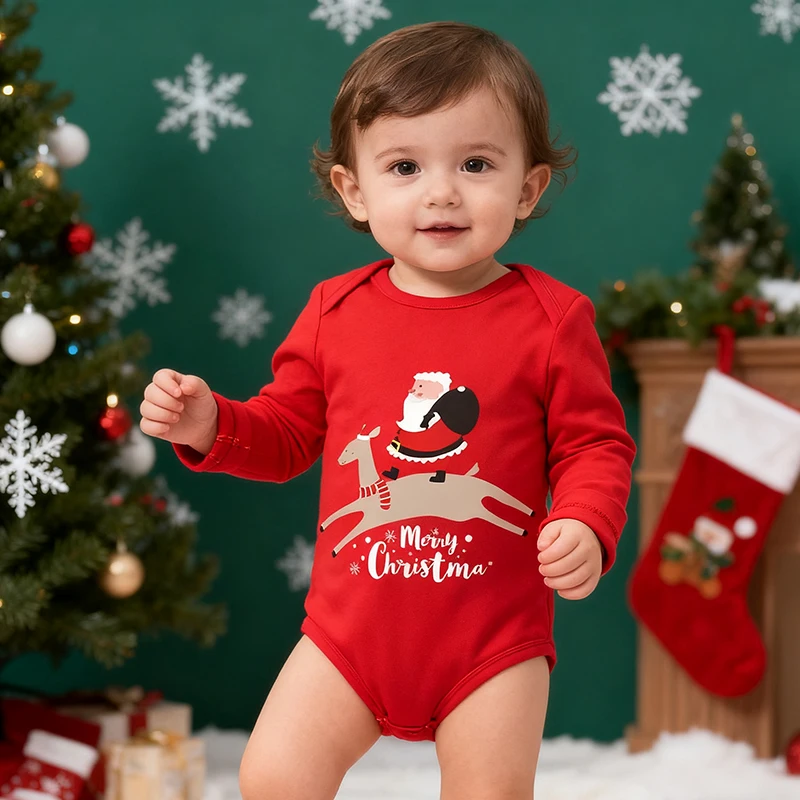 

2025 Christmas Costume New Year Clothing 0-24M Infant Baby Boys Girls Jumpsuit Cotton Cartoon Print Newborn Boys Girls Romper