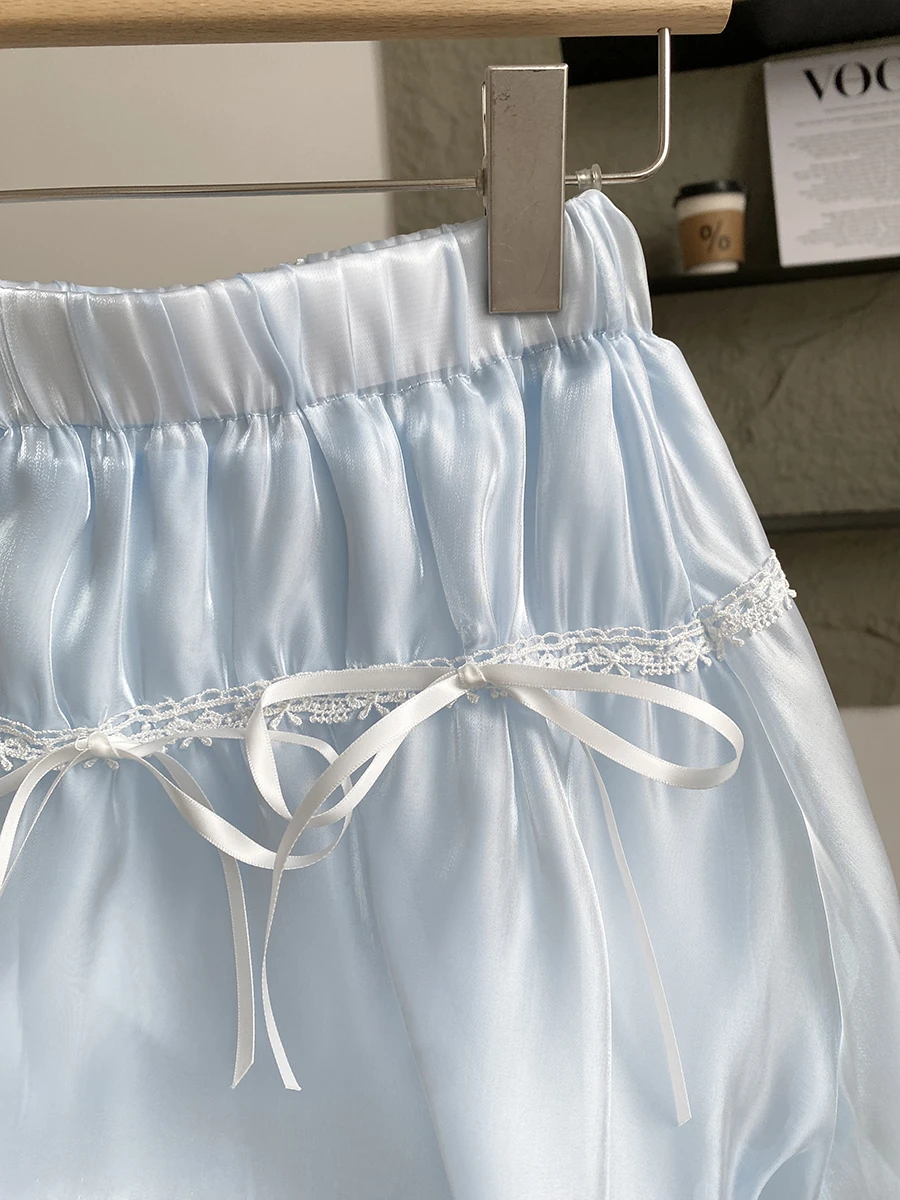 ผู้หญิงฤดูร้อนหวาน Bowknot Glossy Gauze Bud กระโปรงเลดี้น่ารักน่ารักสูงเอว Line Puffy กระโปรงสั้น