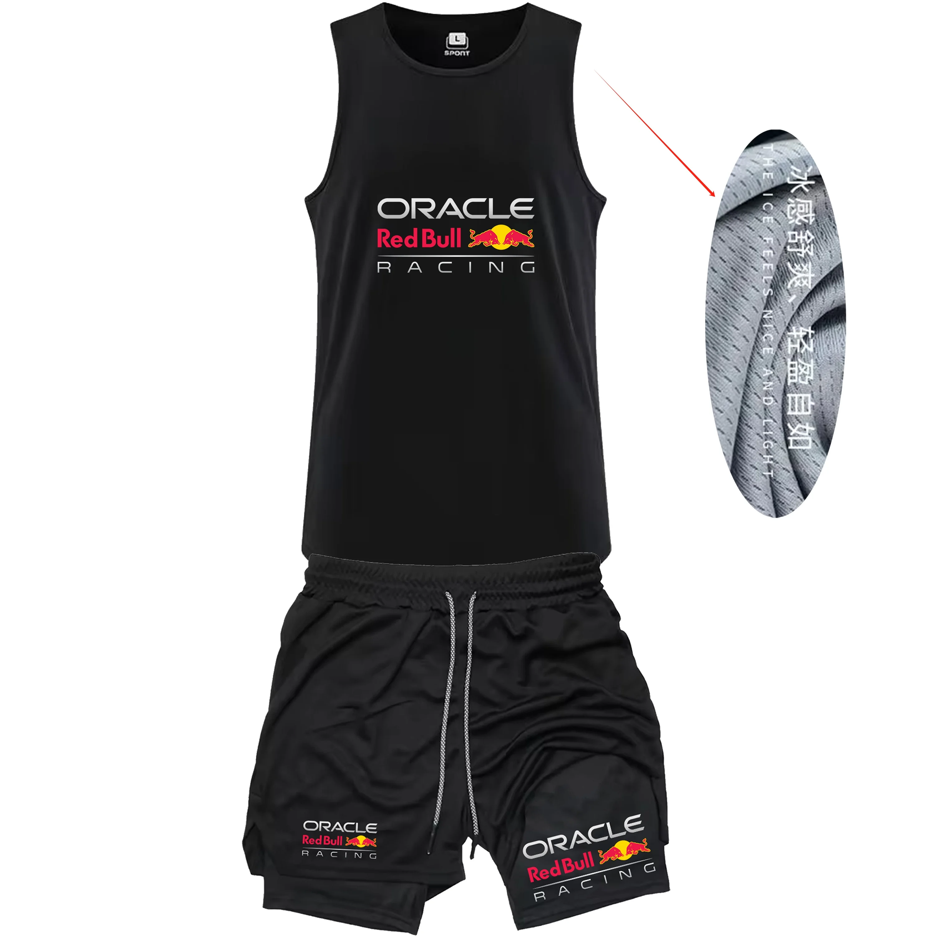 

High Quality Summer Men'S Red Bull Racing Sports Mesh Breathable Vest+Double-Layer 2-In-1 Shorts Set, Sports Gym Vest Men'S Set