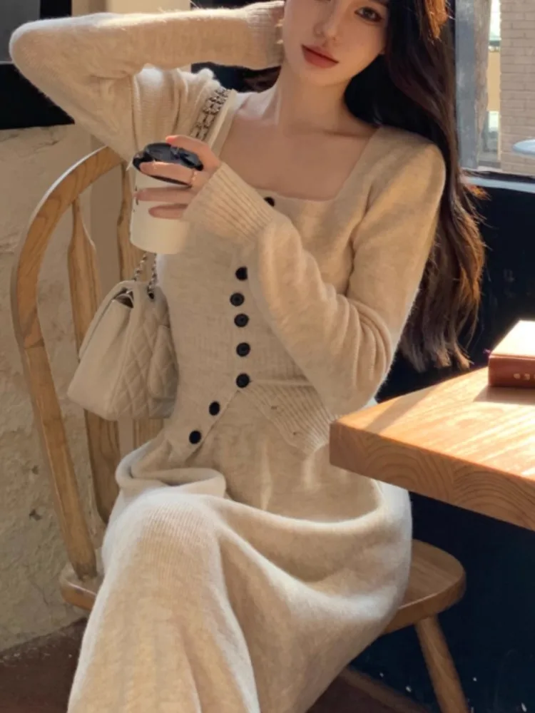 Elegant Solid Knitted Skirts Suit Square Collar Long Sleeve Sweater Cardigan Tops A-Line Skirt New Autumn Female Two Pieces Set