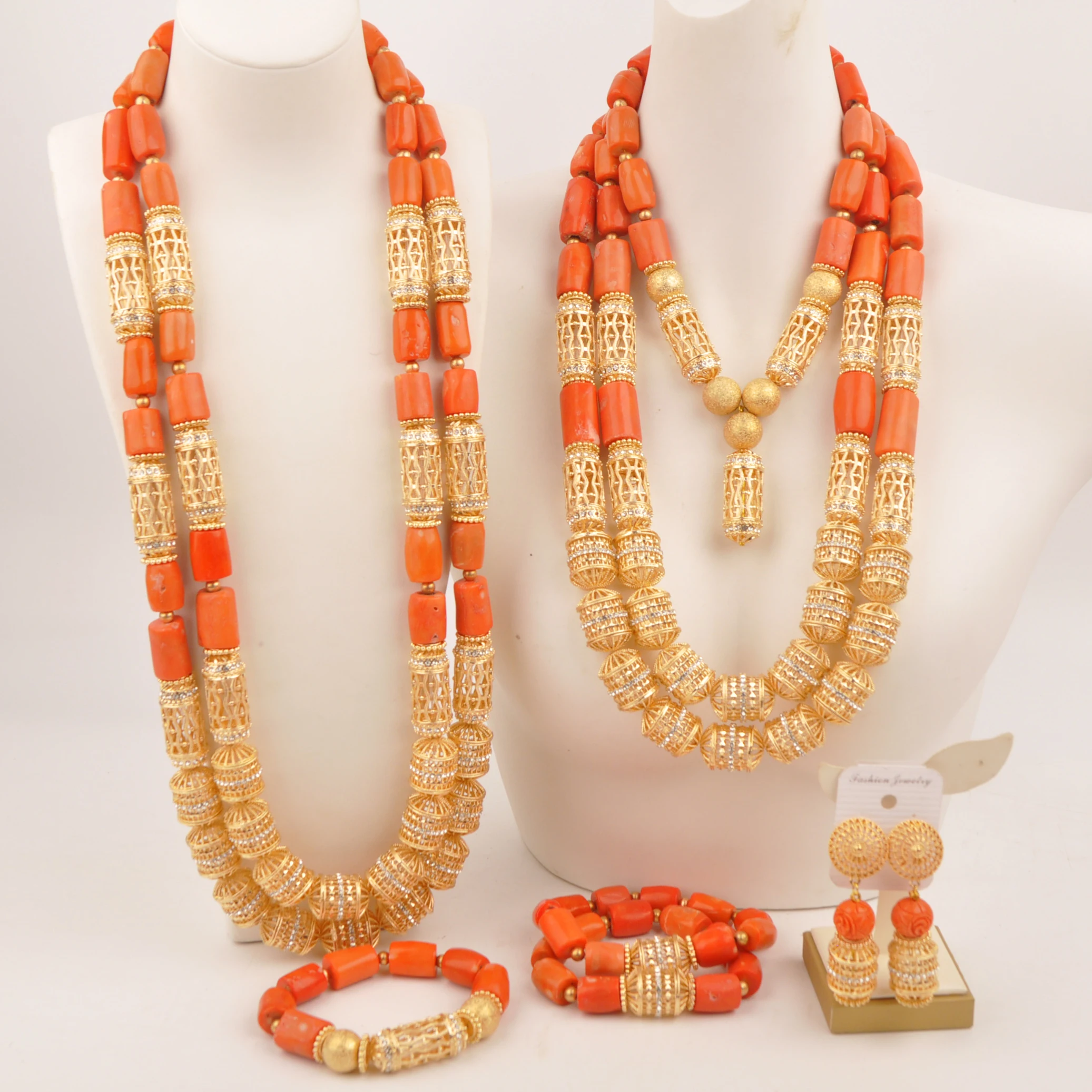 Orange African Wedding Orignal Coral Bead Necklace Nigerian Couple Jewelry Set