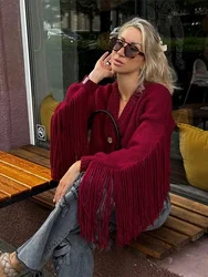 Women Fashion Red Tassels Knitted Cardigan V Neck Single Breasted Long Sleeve Sweater 2024 Autumn Female High Street Outerwear