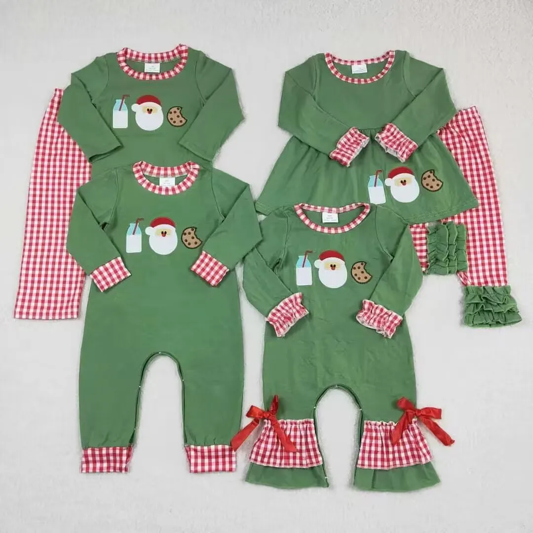 Christmas Match Baby Boys Girls Embroidered Santa Claus Reindeer Plaid Lace Green Set Wholesale Boutique Children Clothing RTS