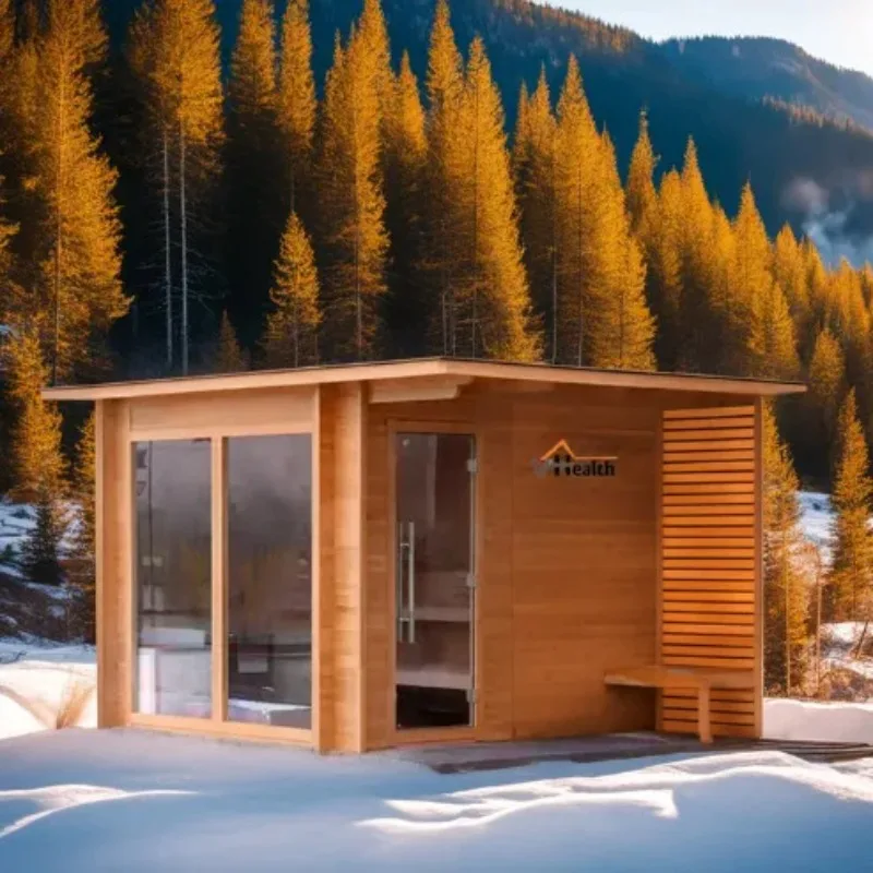 Traditional commercial sauna outdoor for 10 people with beamed windows