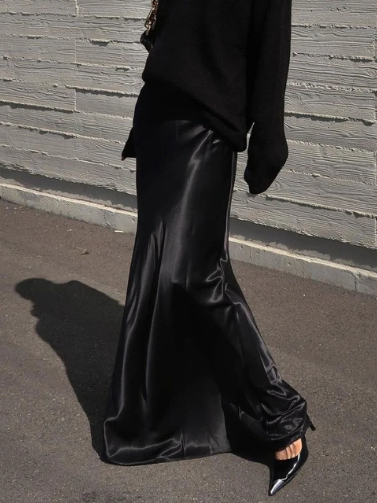 Tossy Black Satin Elegant Long Skirt For Women Solid High Waist Patchwork Slim Commute Straight Bodycon Skirt Women's Maxi Skirt