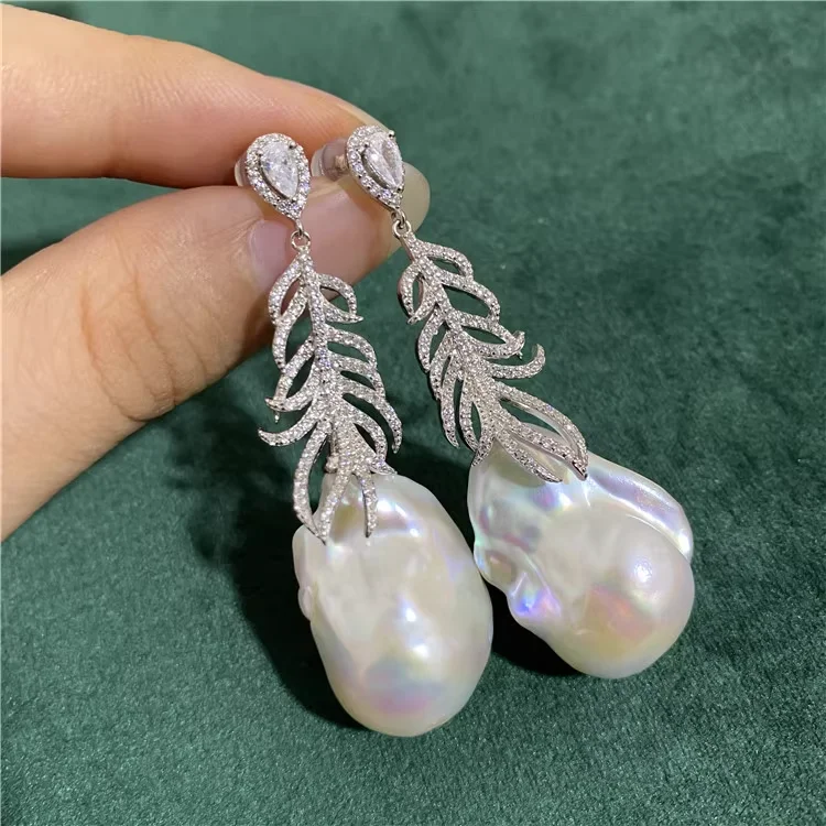 

New natural Baroque Shaped Pearl 925 Sterling Silver Feather With CZ Earring