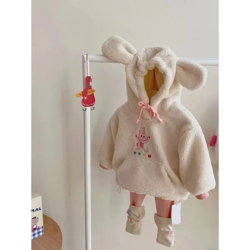 

Korean Children's Clothes Girls' Sweatshirt Autumn New Foreign Baby Set with Fleece Lamb Wool Loose Ears Hooded Pullover Top