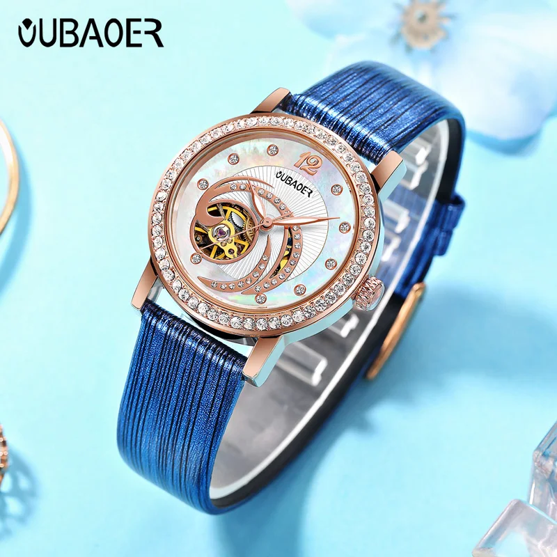 Oubaoer New Luxury Fashion Mechanical Watch Elegant Women's Watch Hollow Design Diamond Inlaid Ladies Waterproof Automatic Watch