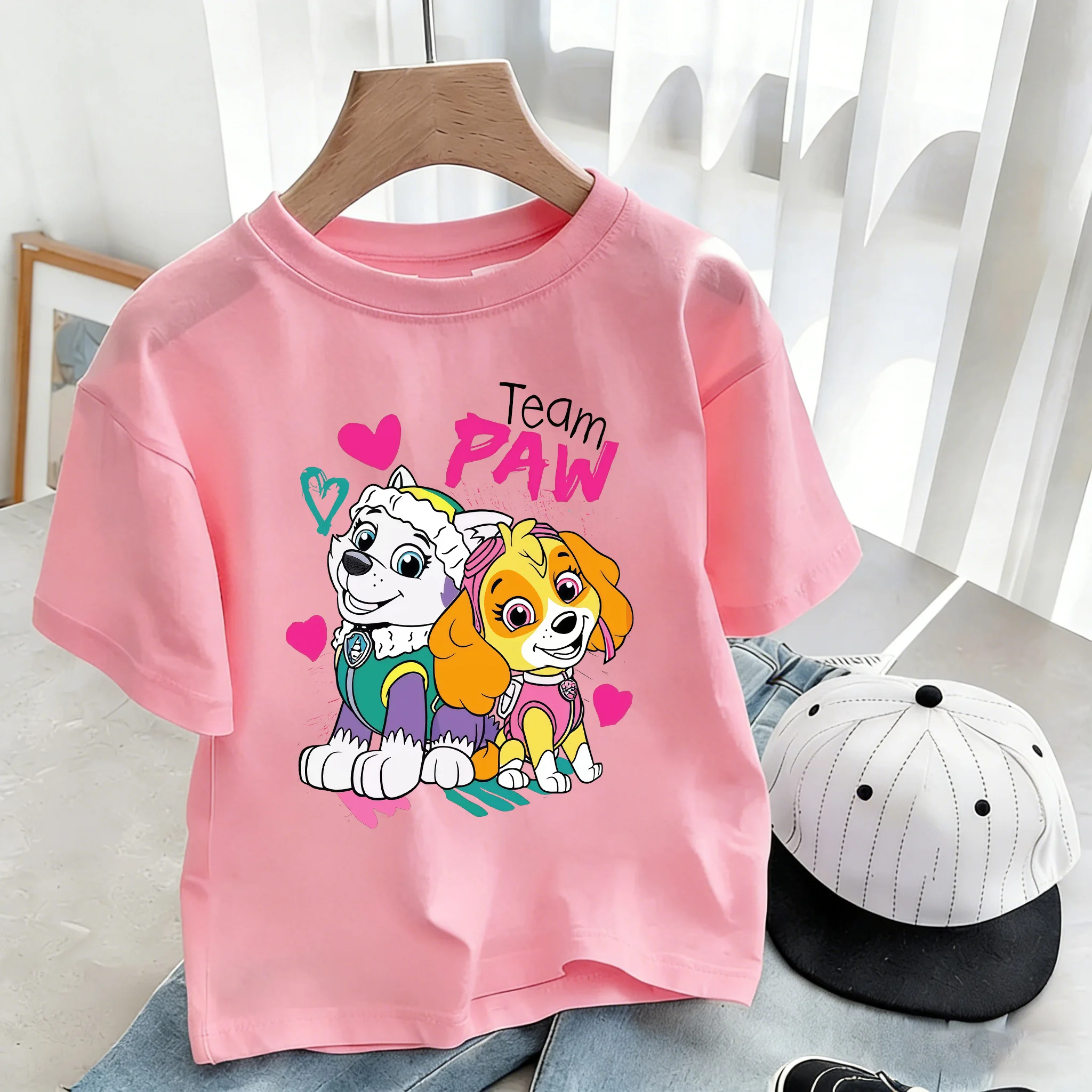 Girls Cute Paw Patrol Skye Everest Heart Print Cotton T-shirt Kids Summer Short Sleeve Casual Tops